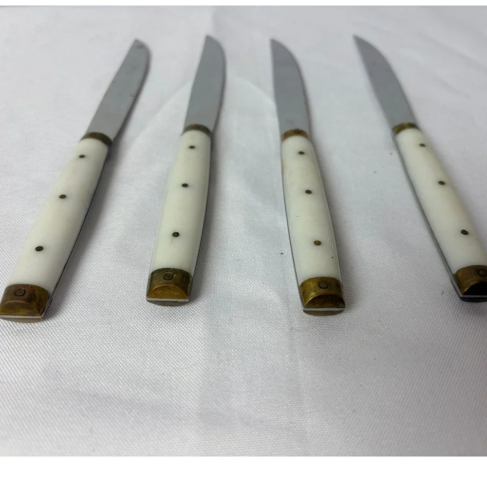 Vintage French Steak Knives Set of 4‎ Serrated Stainless Steel Cream Handles